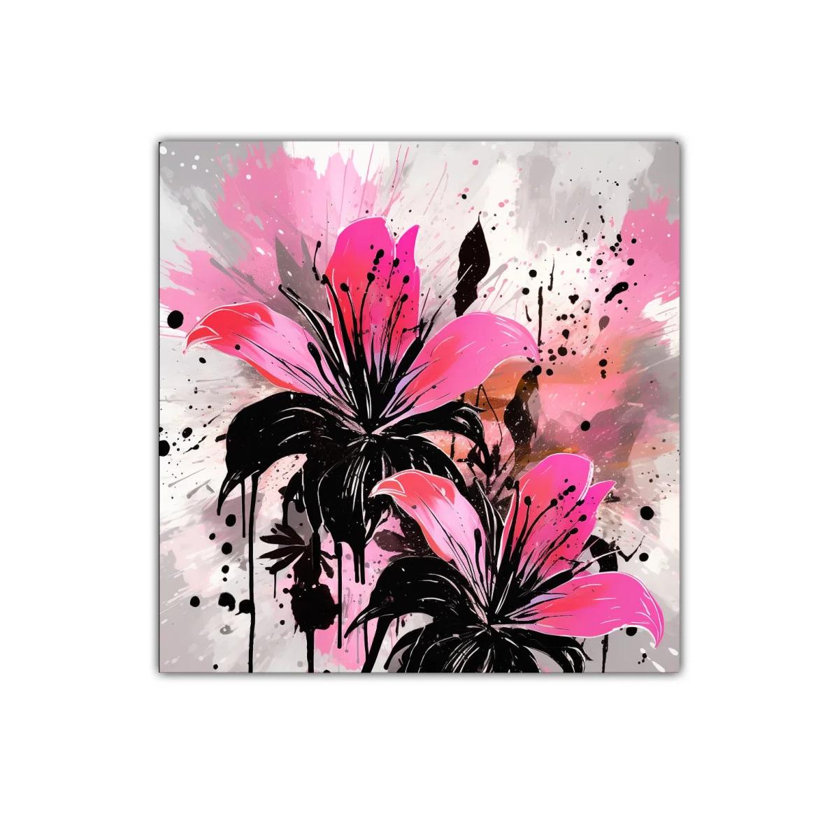 Cuadro decorativo flores vibrantes en tonos rosa y negro — imagen principal