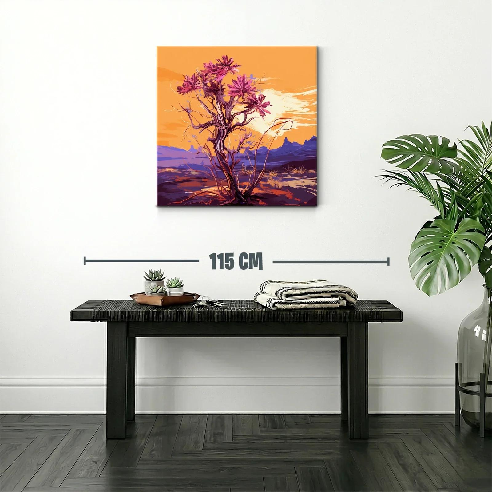 Atardecer con árbol de flores vibrantes en paisaje desértico — miniatura 2