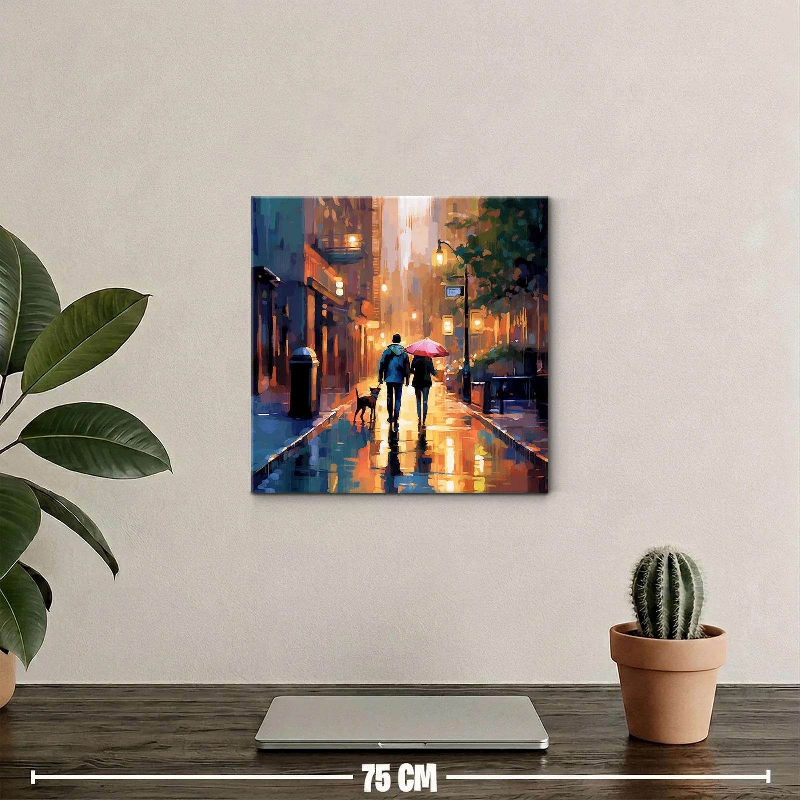 Paseo urbano al atardecer con perro y paraguas rojo — miniatura 2
