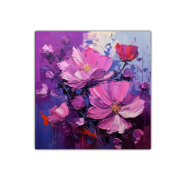 Cuadro floral vibrante con tonos morados y rosas intensos