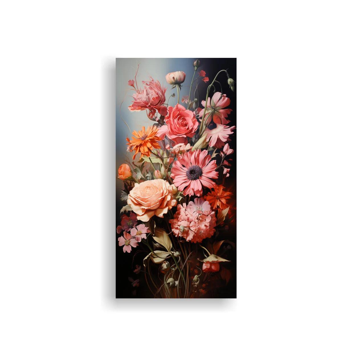 Cuadro ramo de flores rosadas y coral con fondo oscuro