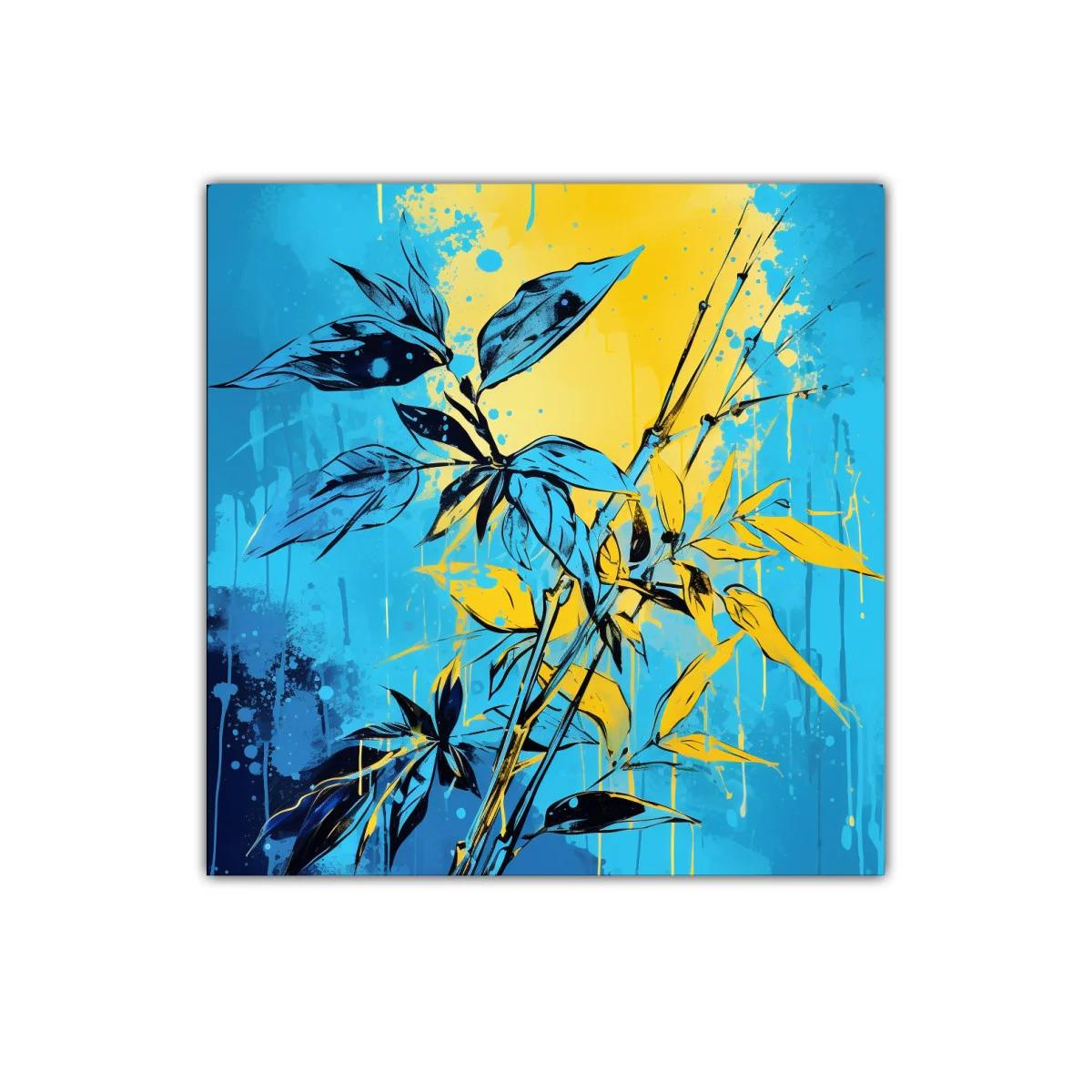 Cuadro decorativo con hojas en vibrantes tonos azules y amarillos — imagen principal