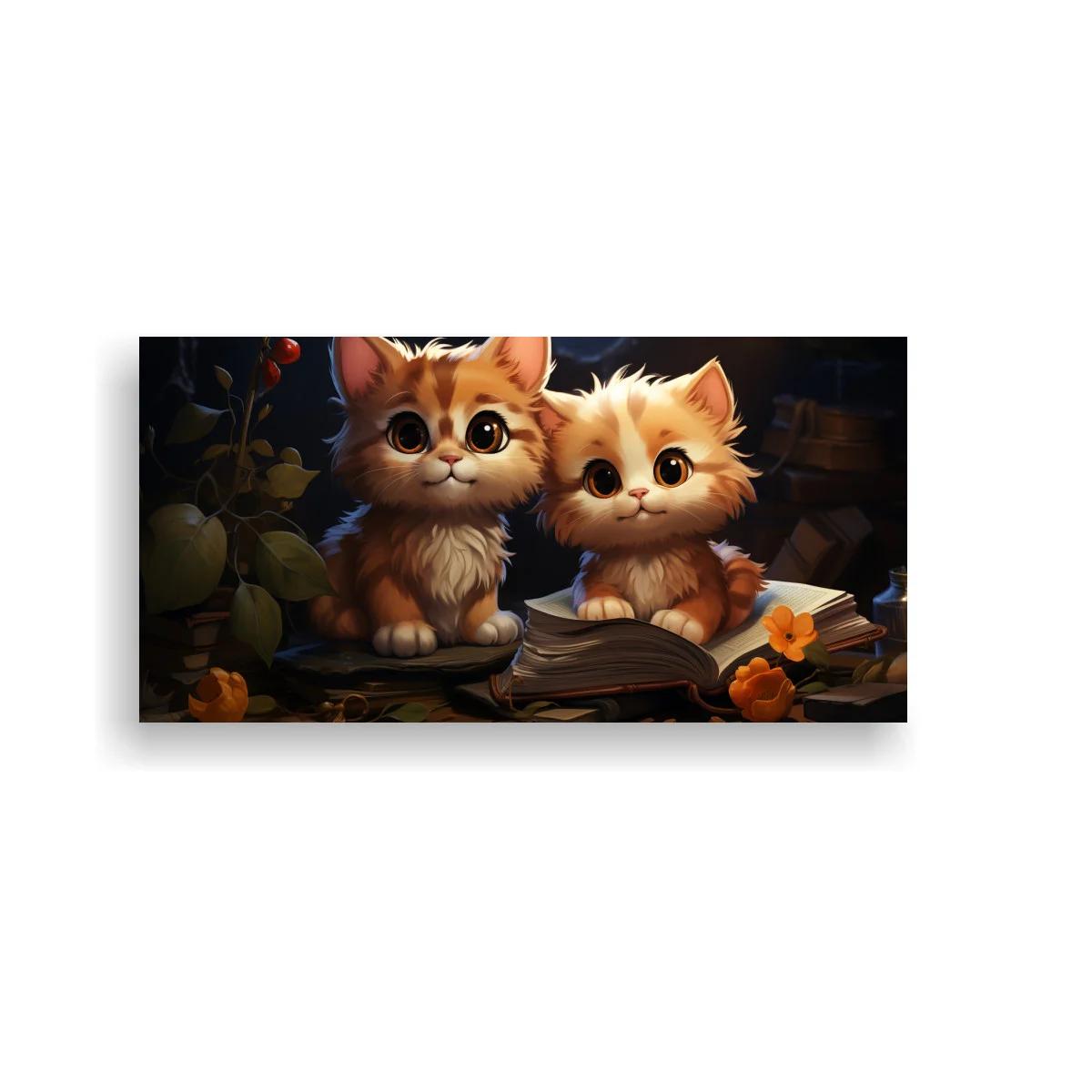 Cuadro dos gatitos naranjas sobre libros antiguos