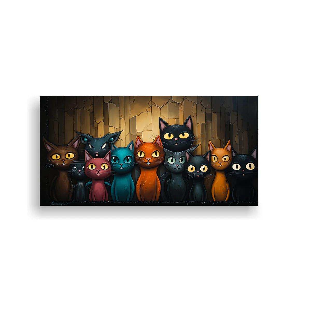 Cuadro grupo de gatos de ojos grandes con fondo geométrico luminoso