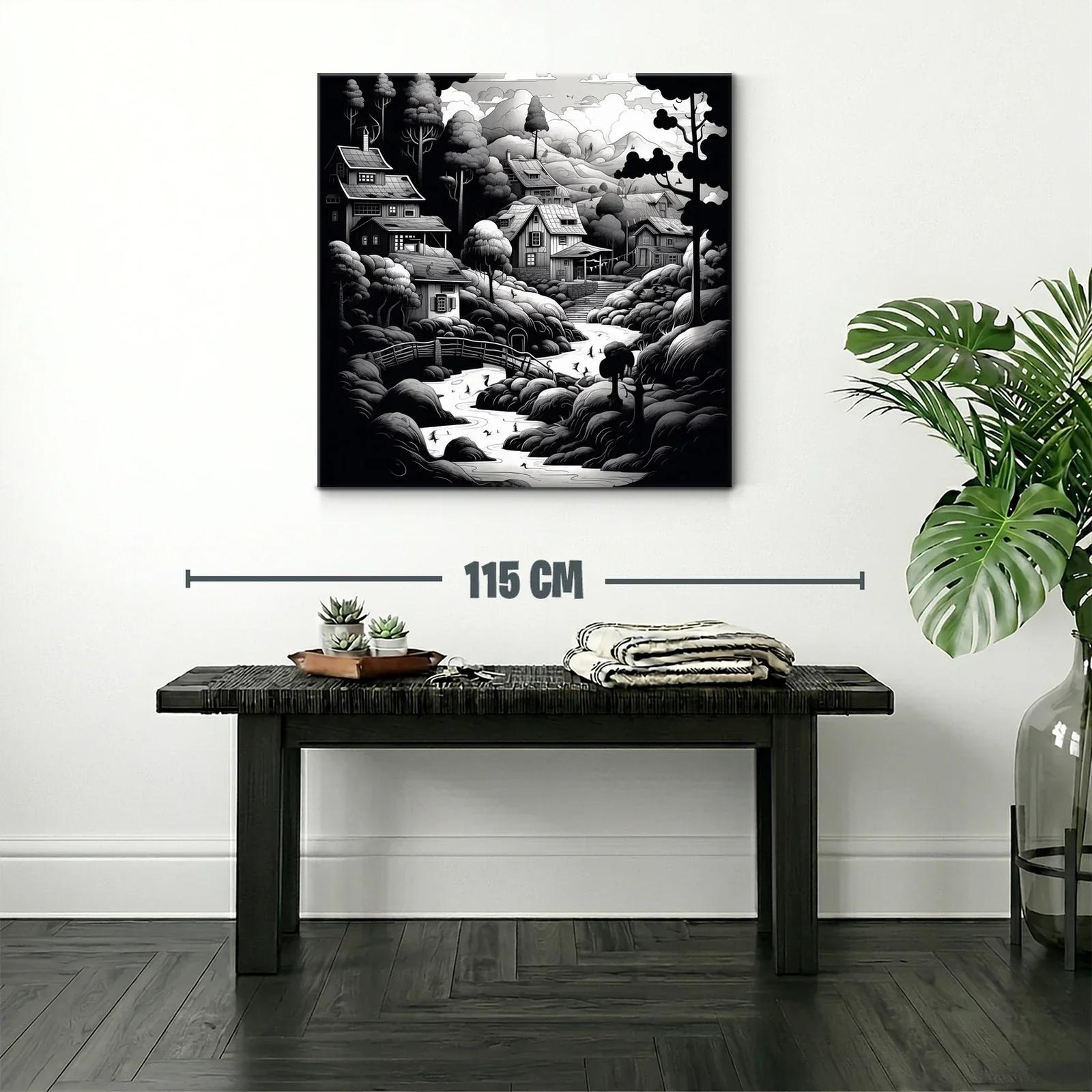 Paisaje rural en blanco y negro con casas y río serpenteante — miniatura 2