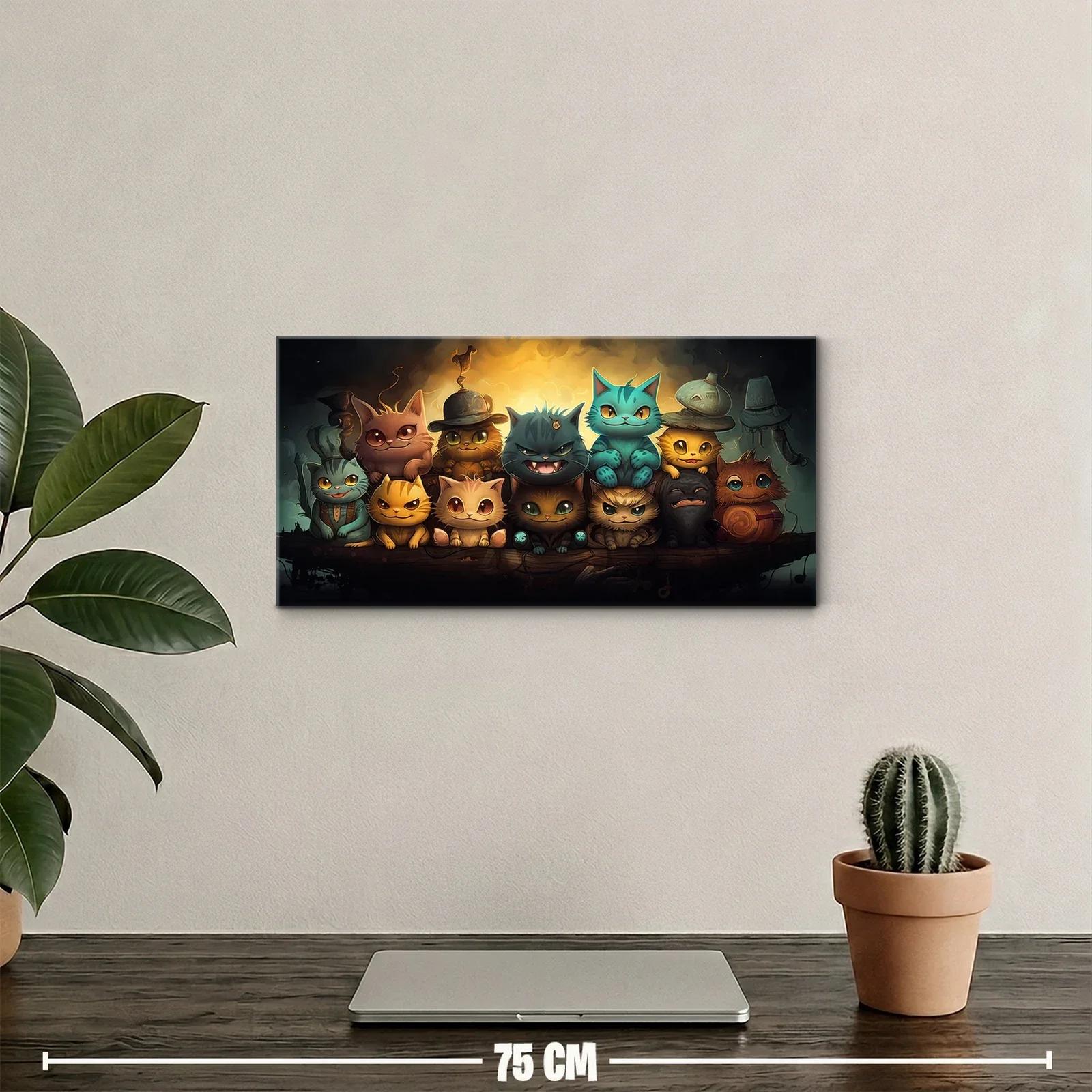 Cuadro grupo de gatos fantásticos con luz cálida y fondo sombrío — miniatura 2