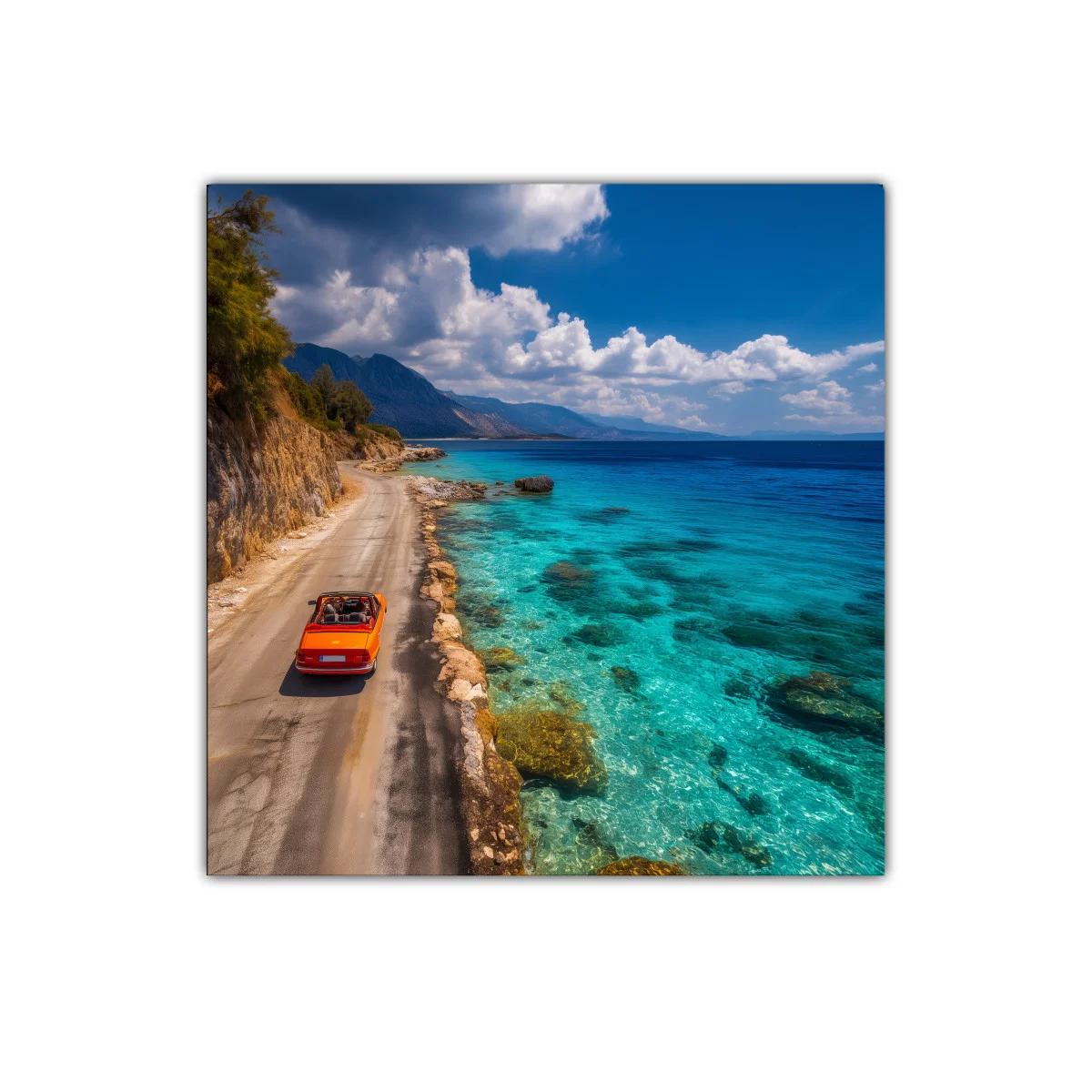 Paisaje costero con coche rojo y mar turquesa brillante — imagen principal