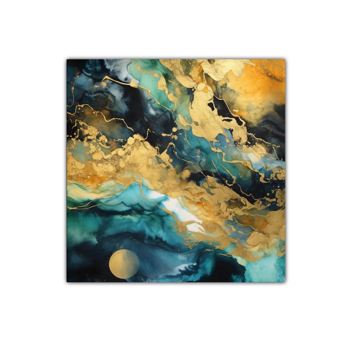 Cuadro abstracto con tonos dorados y azules intensos