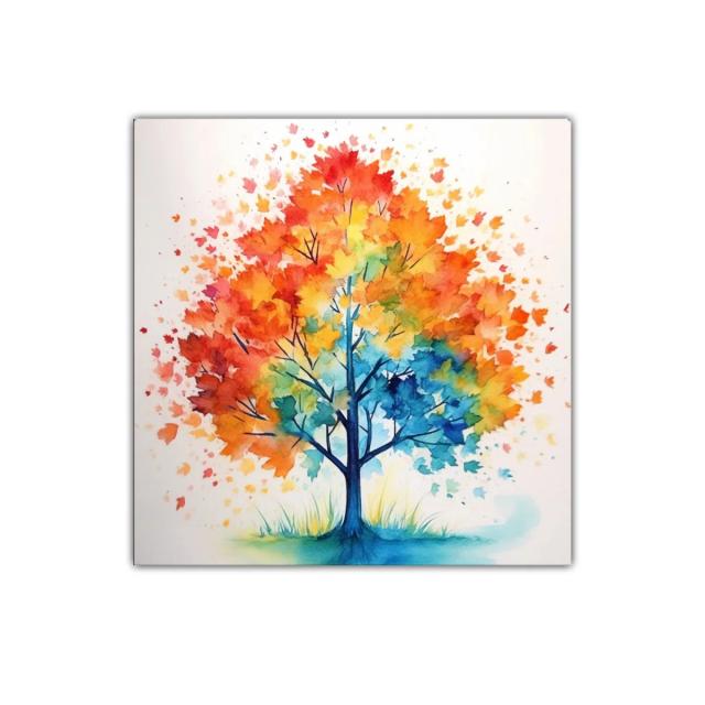 Árbol multicolor con vibrantes tonos otoñales y azules vivos