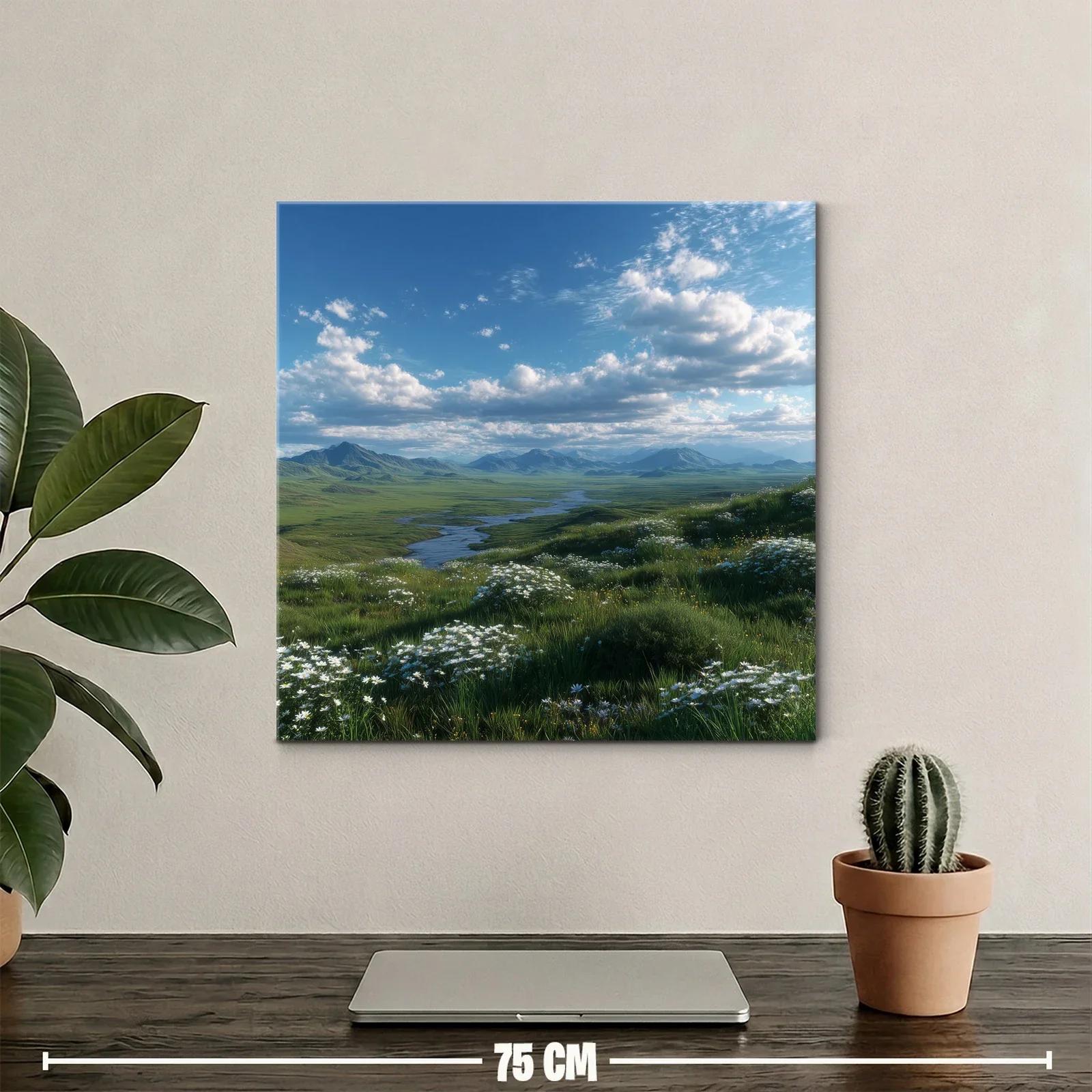 Paisaje campestre con flores blancas y cielo azul — miniatura 2