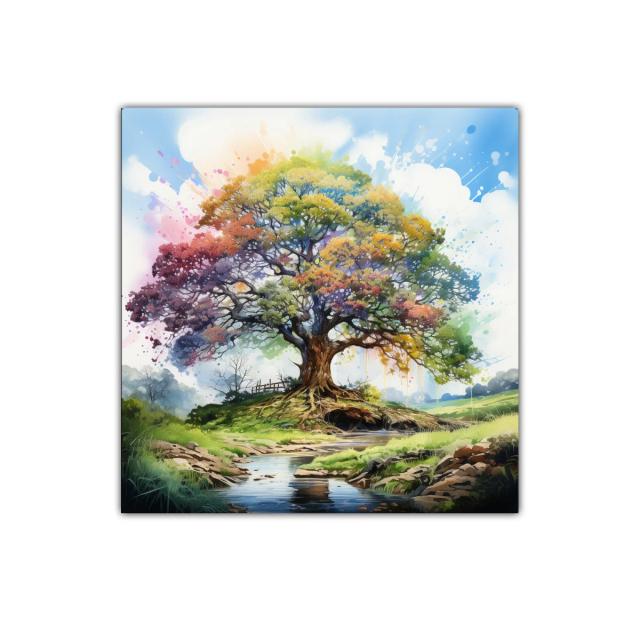 Árbol multicolor vibrante sobre paisaje natural
