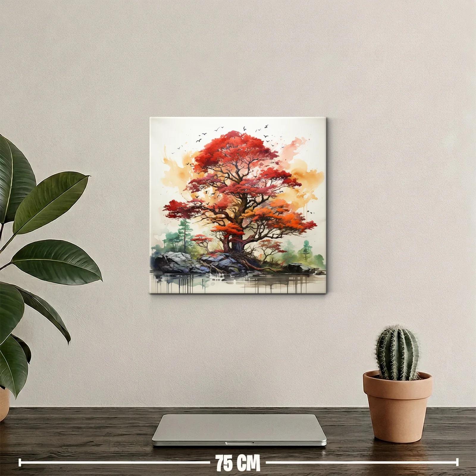 Árbol otoñal vibrante con paisajes naturales y aves — miniatura 2
