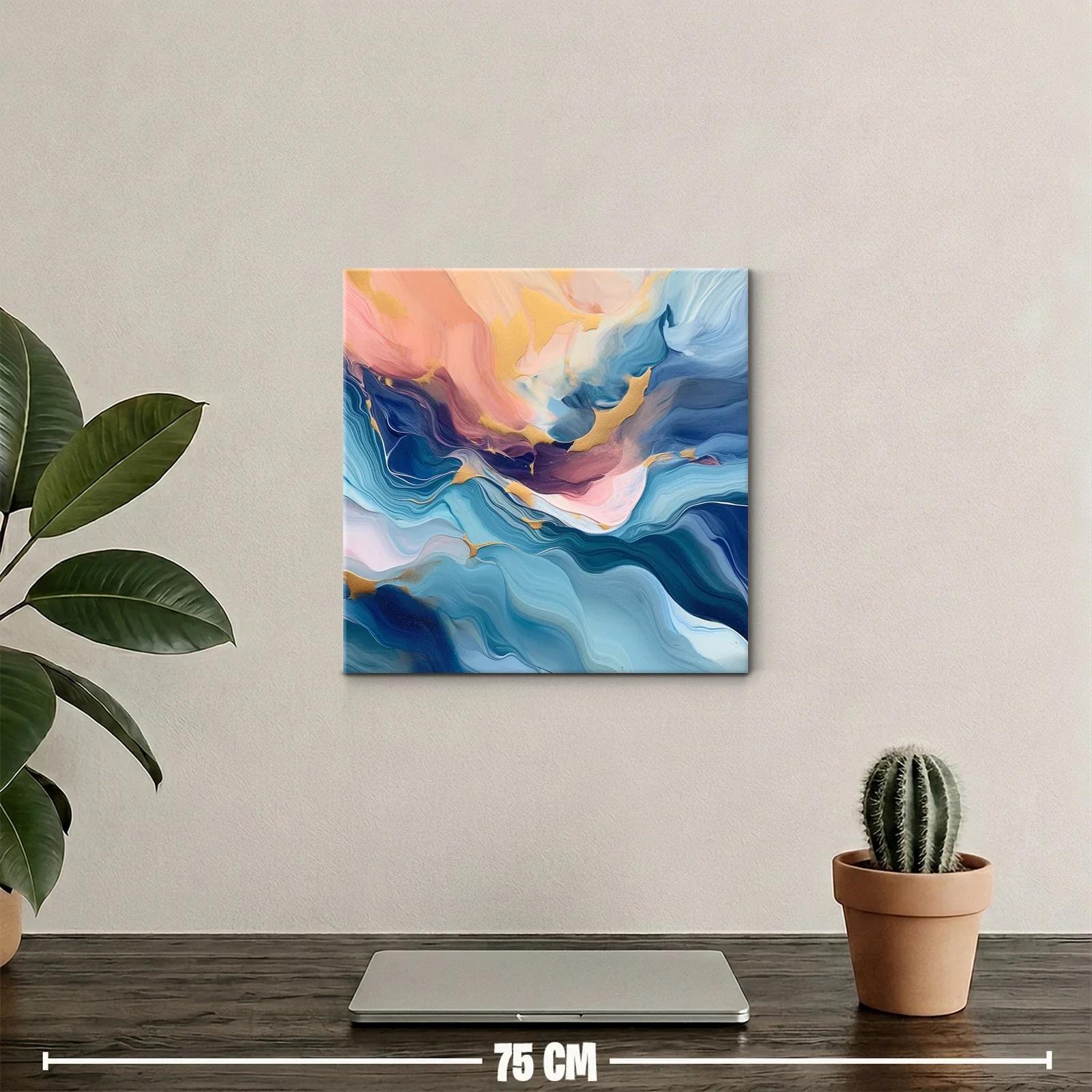 Cuadro abstracto en tonos azules y dorados con toques rosados — miniatura 2