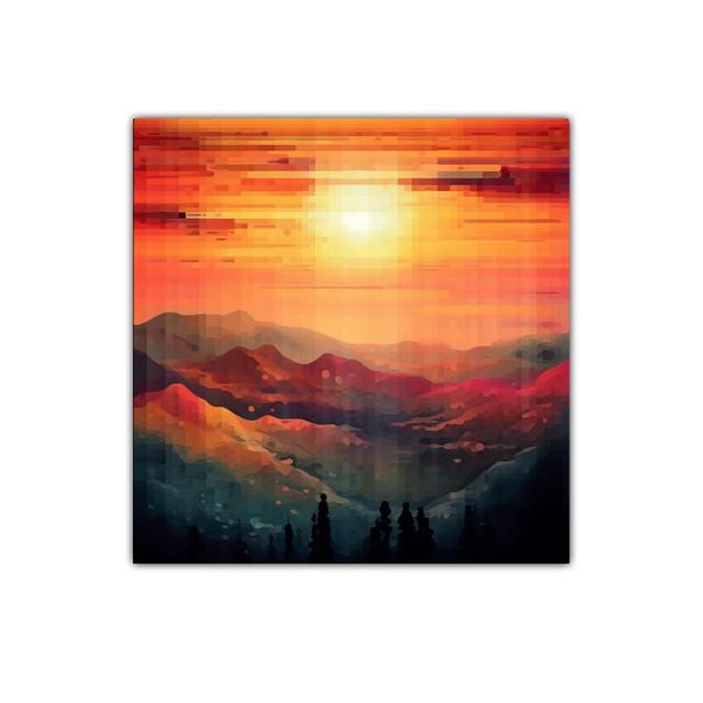 Paisaje de montaña con sol poniente en tonos cálidos