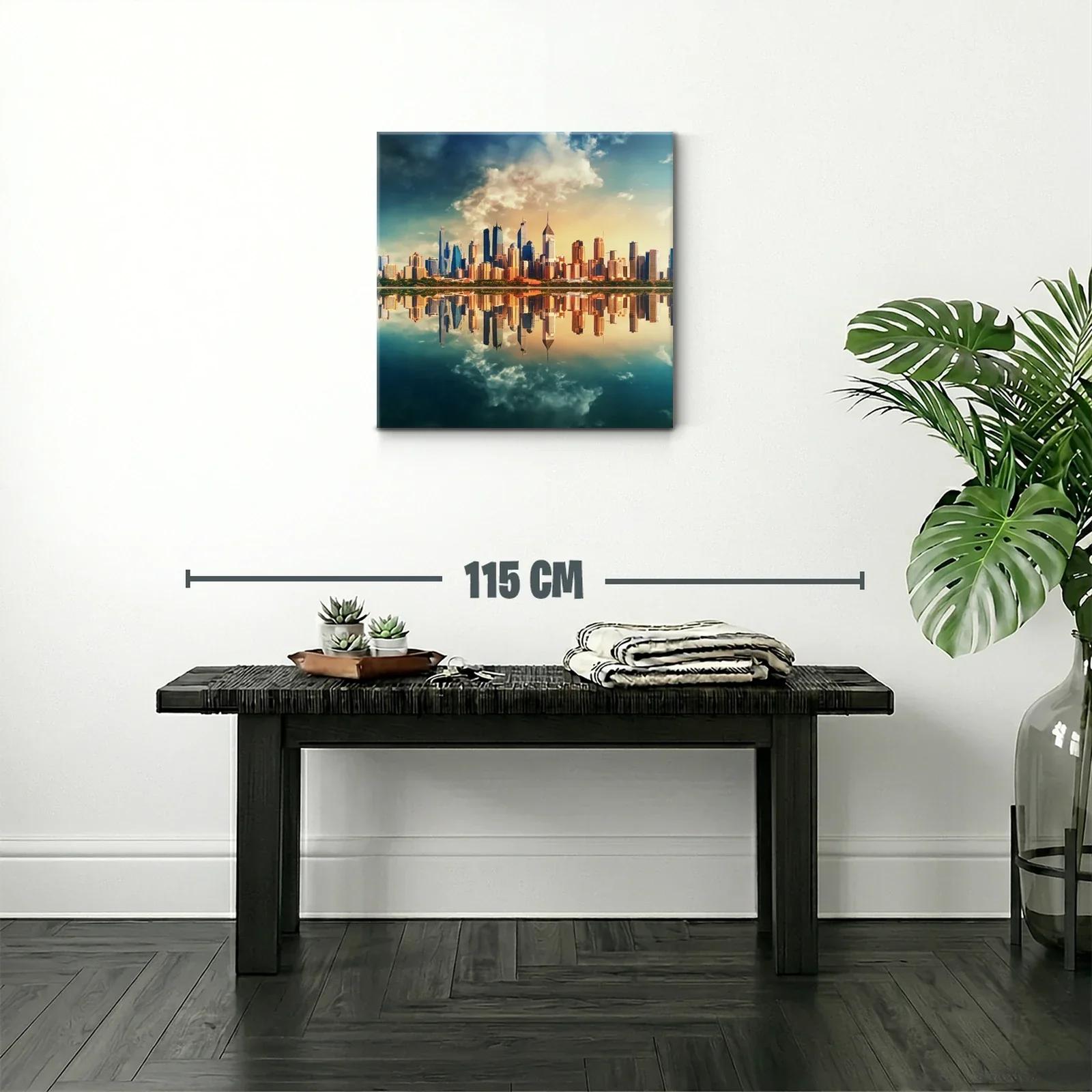 Horizonte urbano reflejado en laguna al atardecer — miniatura 2