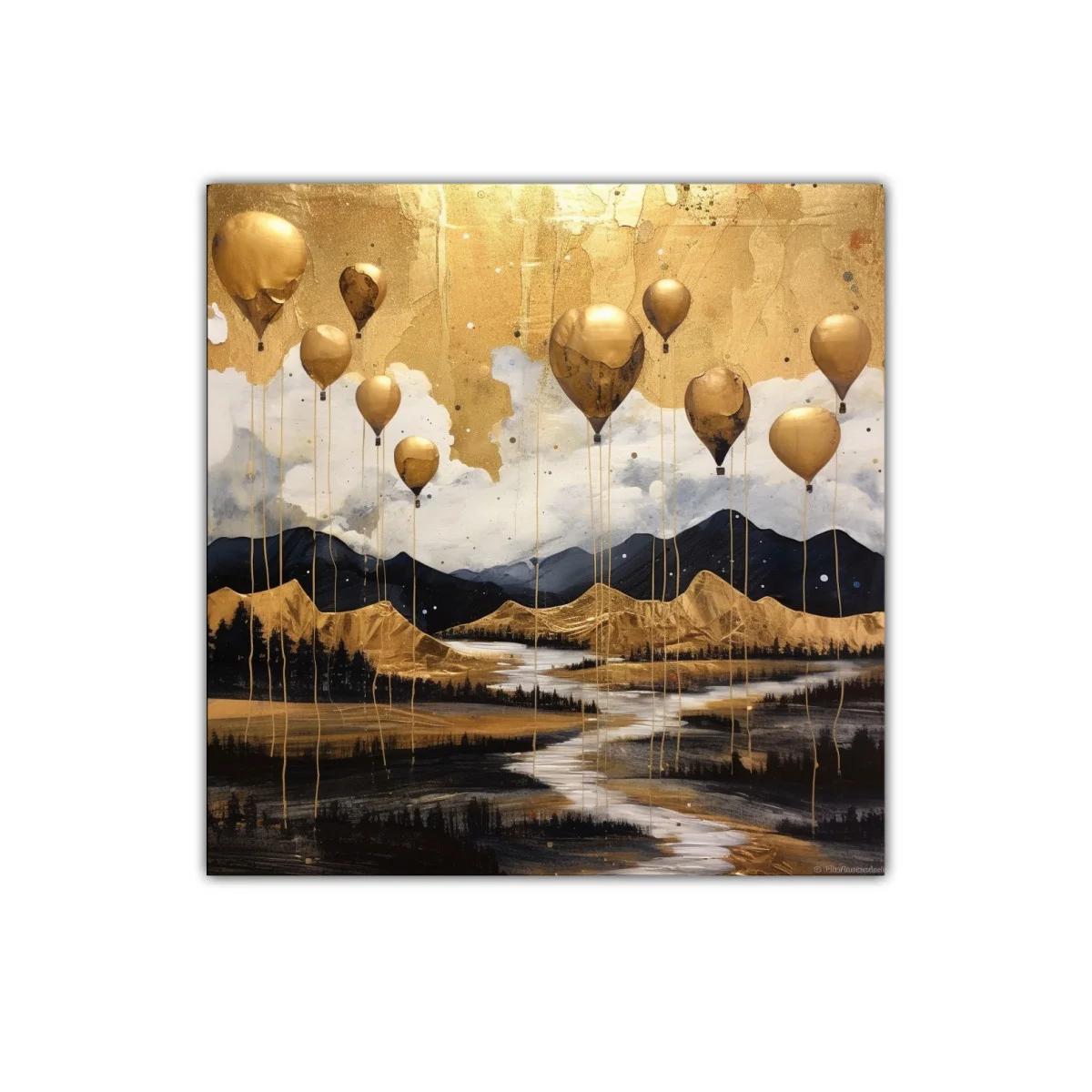 Paisaje de globos dorados sobre montañas azules