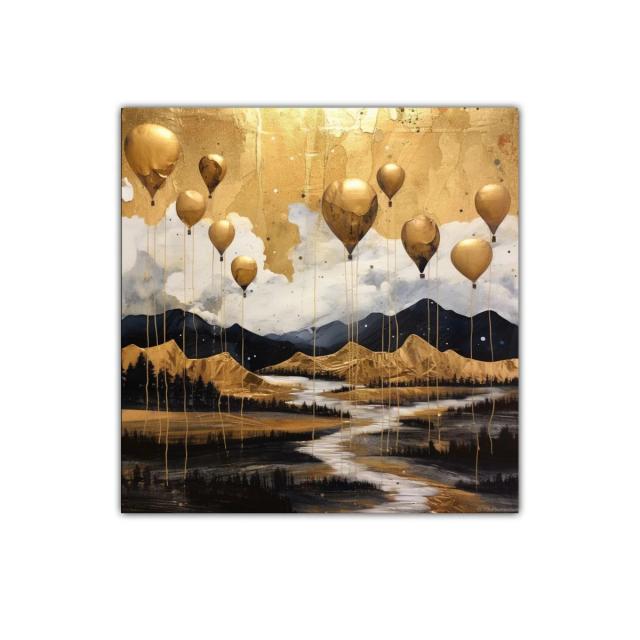 Paisaje de globos dorados sobre montañas azules