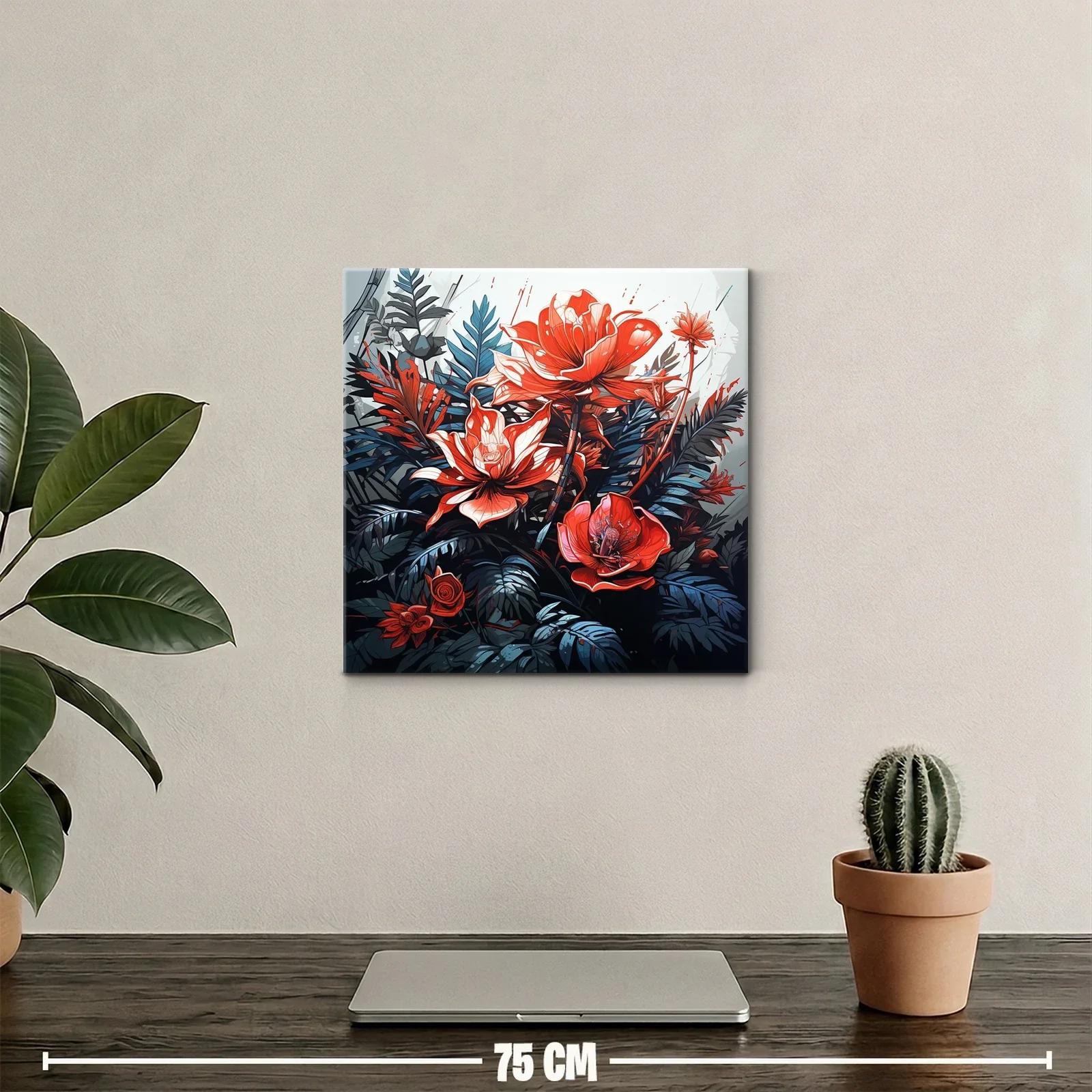 Cuadro vibrante con flores rojas y hojas azuladas — miniatura 2