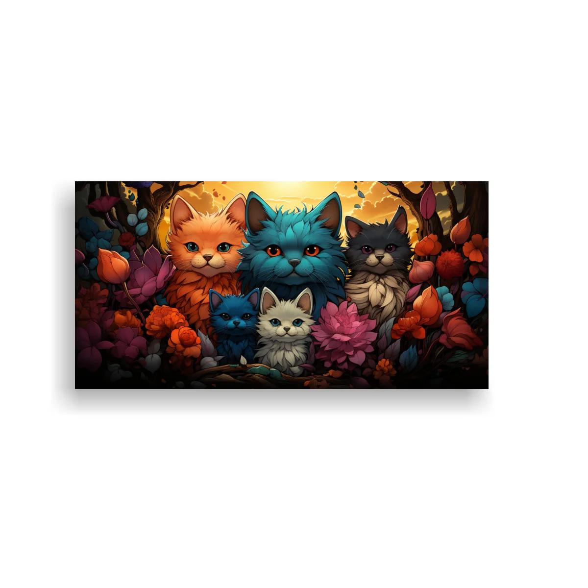 Cuadro grupo de gatos entre flores densas