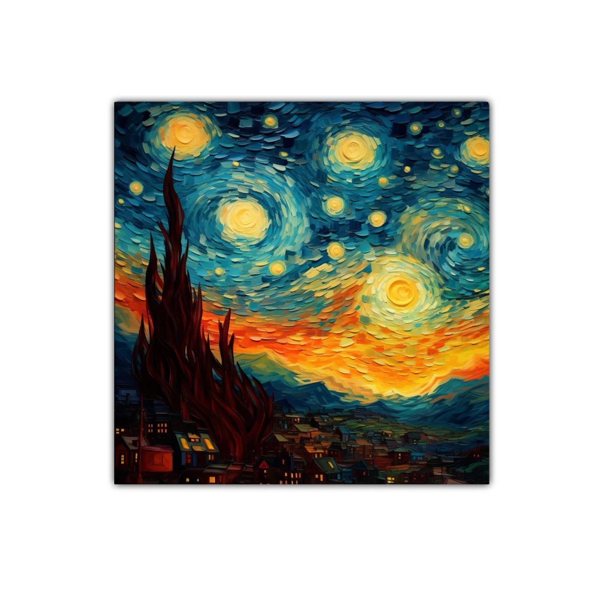 Cielo estrellado sobre un pueblo en tonos vibrantes