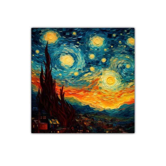 Cielo estrellado sobre un pueblo en tonos vibrantes