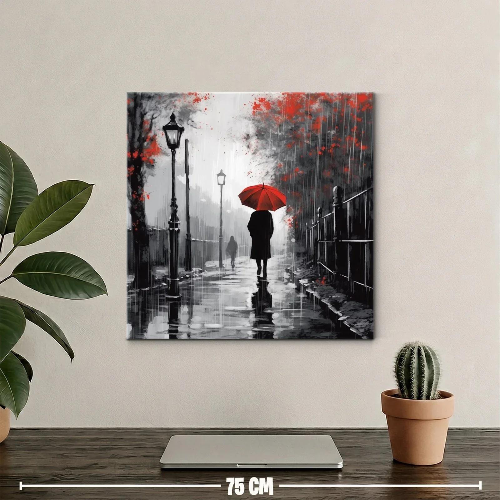 Camino bajo la lluvia con paraguas rojo brillante — miniatura 2