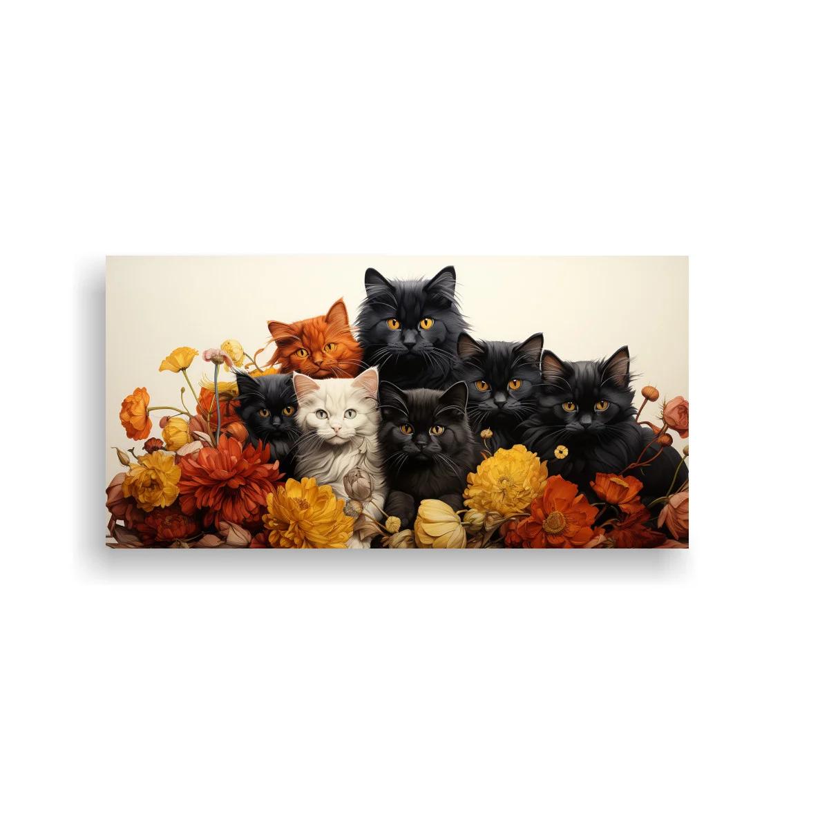 Cuadro grupo de gatos de pelo largo entre flores otoñales