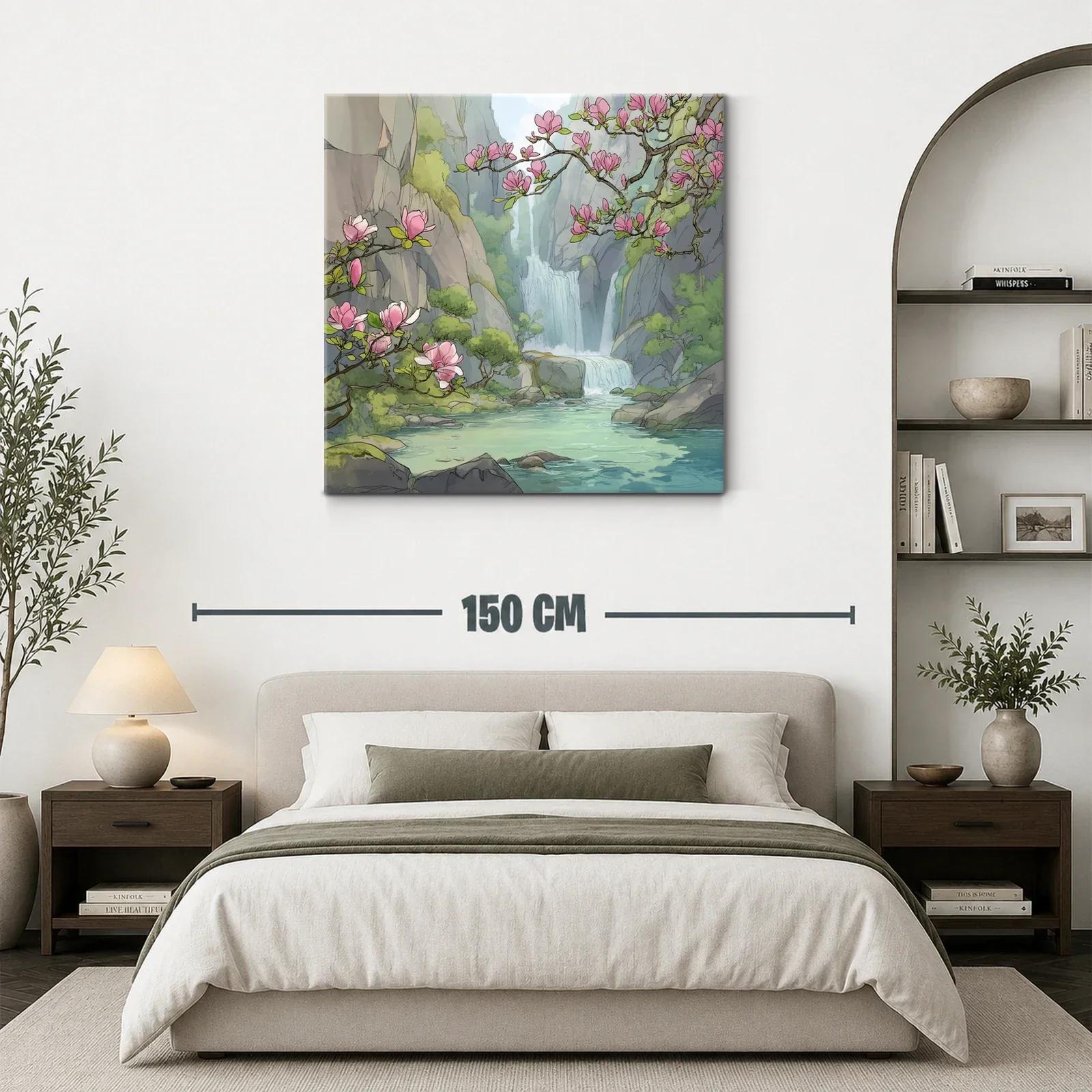 Paisaje sereno con cascada y flores rosadas en ribera — miniatura 3