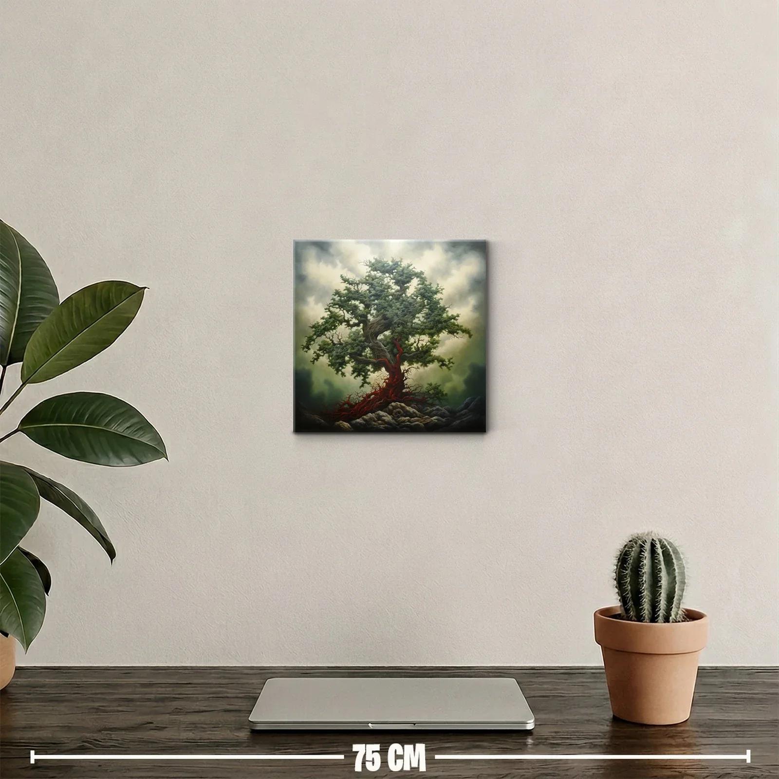 Árbol Imponente con Raíces Escarlata en Paisaje Dramático — miniatura 2