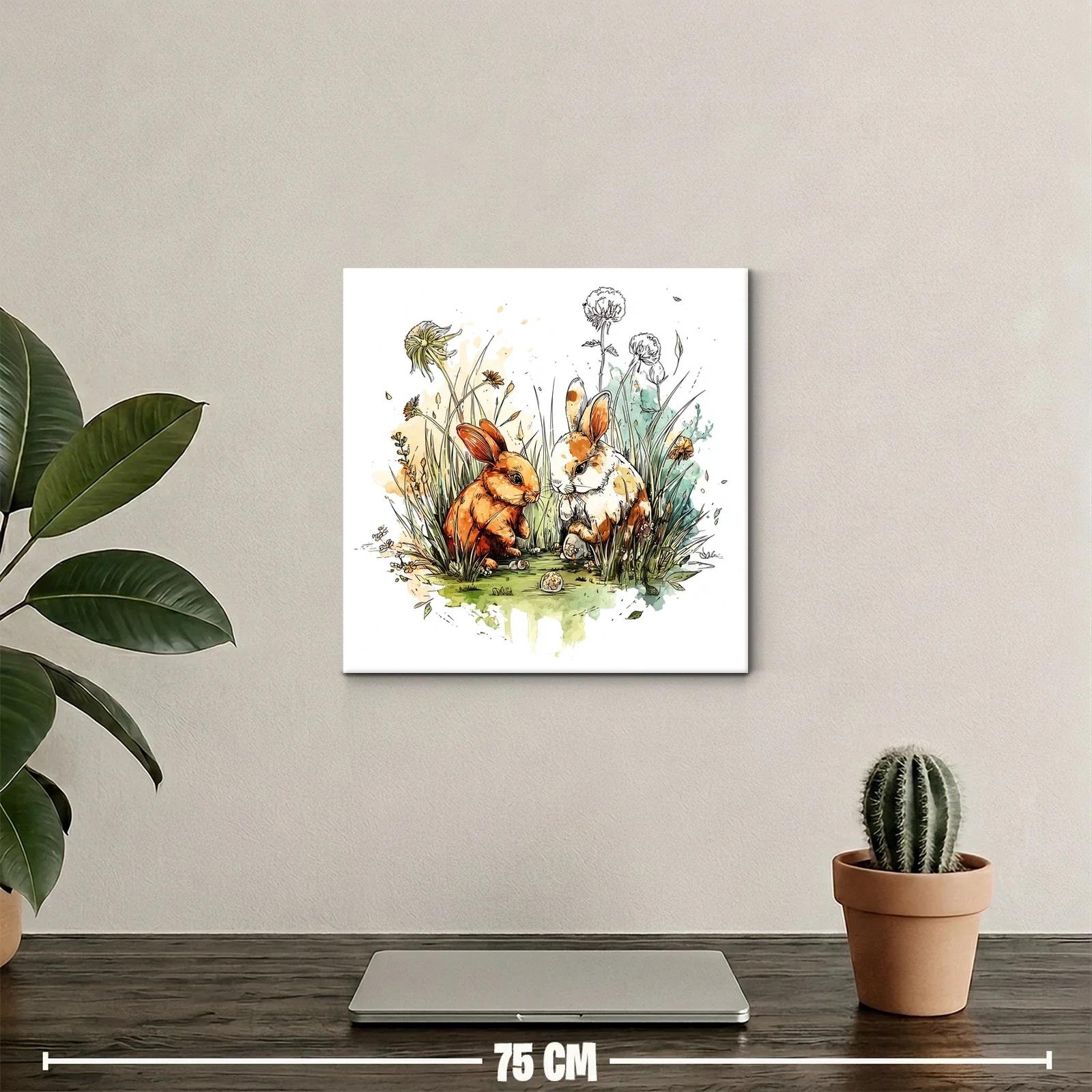 Dúo de conejos rodeados de flores y hierba fresca — miniatura 2