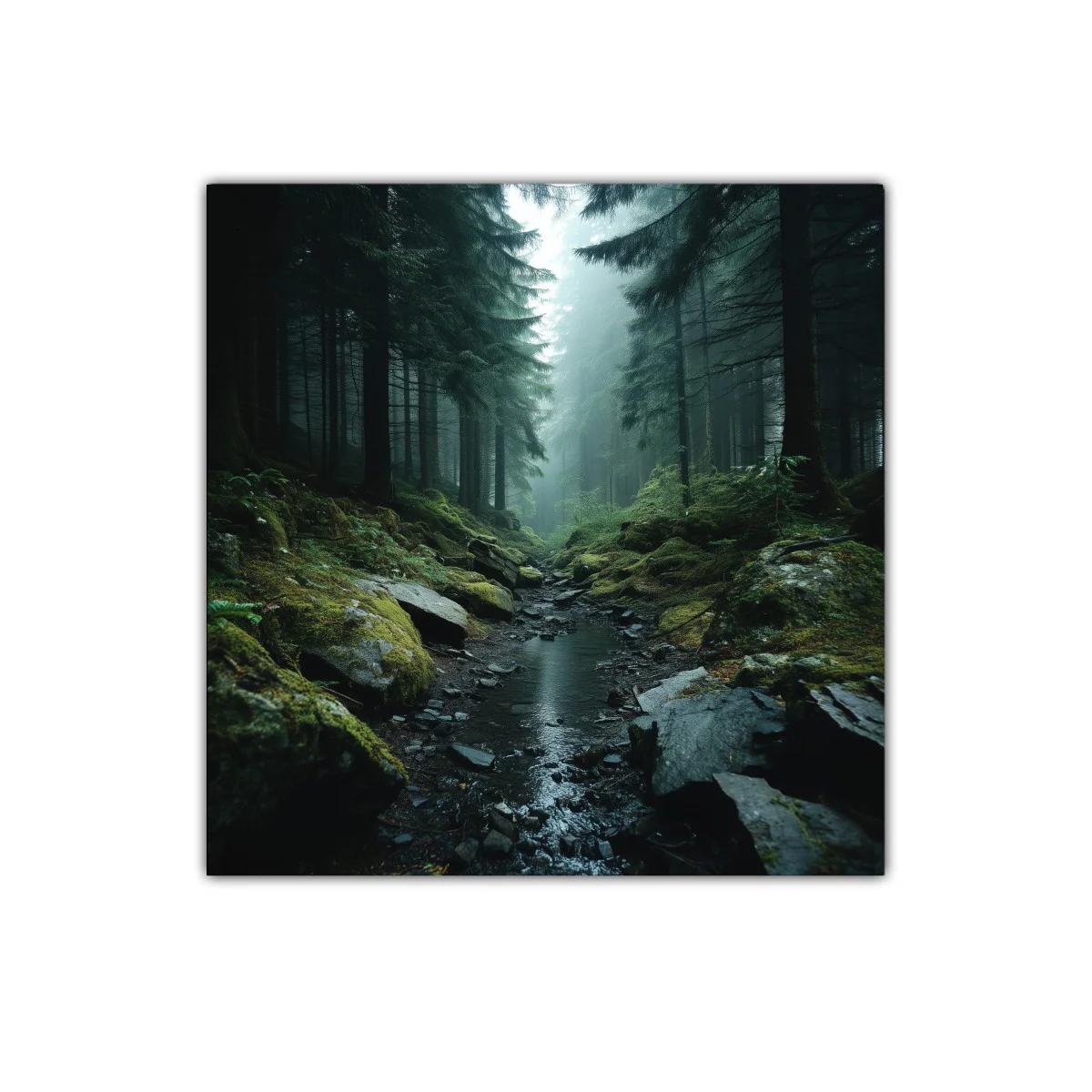 Paisaje de bosque misterioso con arroyo sereno al amanecer — miniatura 1