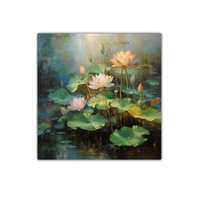 Cuadro con delicadas flores de loto y hojas verdes