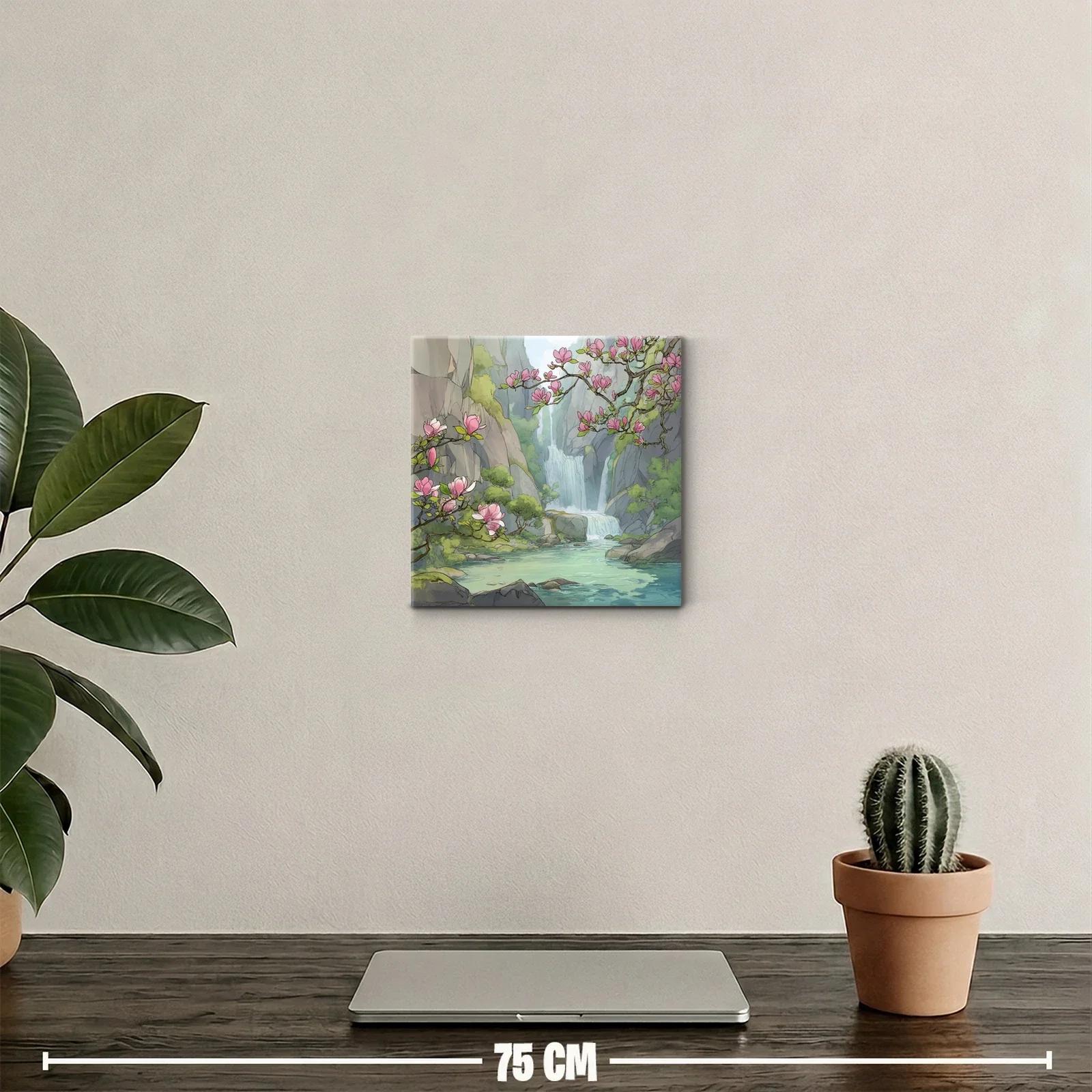 Paisaje sereno con cascada y flores rosadas en ribera — miniatura 2