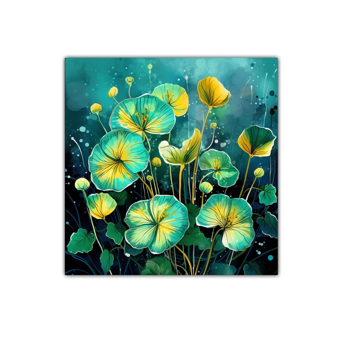Cuadro decorativo con flores en tonos turquesa y amarillo — imagen principal
