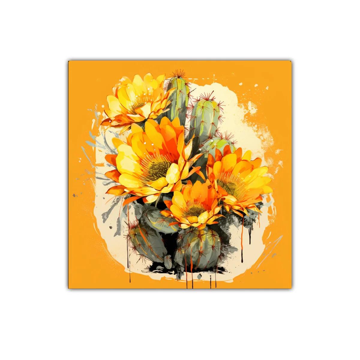 Cuadro decorativo con cactus y flores en tonos naranja y amarillo — imagen principal