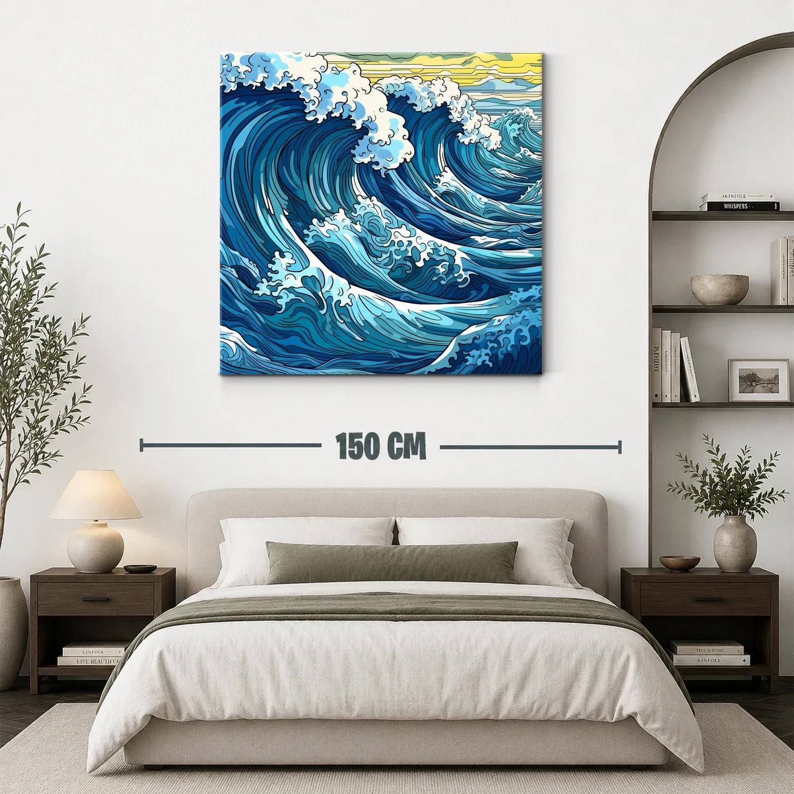 Vibrantes olas azules con espuma blanca y cielo amarillo — miniatura 3