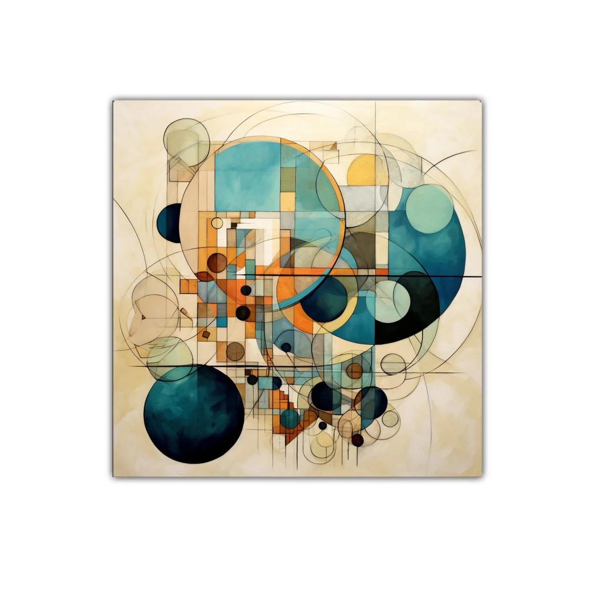 Cuadro abstracto de círculos geométricos en tonos azules y ocres
