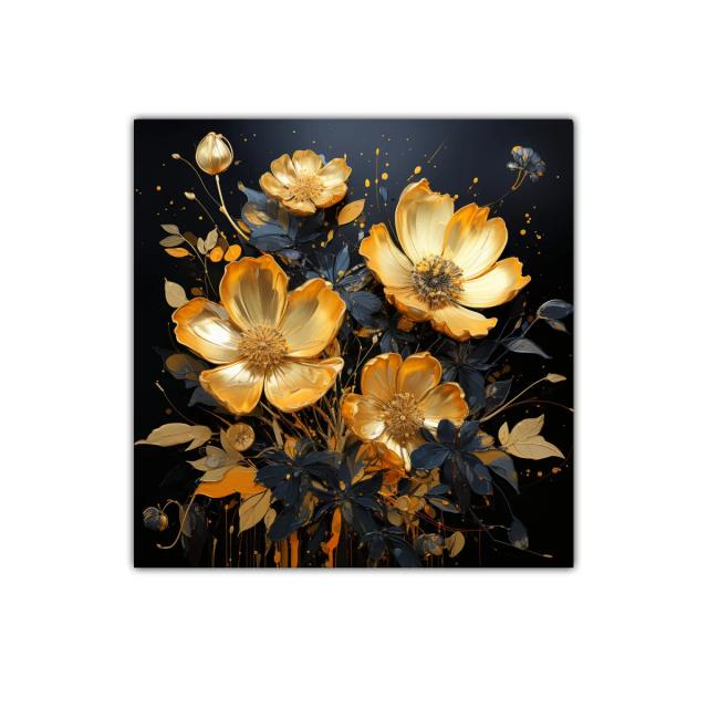 Cuadro decorativo con flores doradas y hojas oscuras