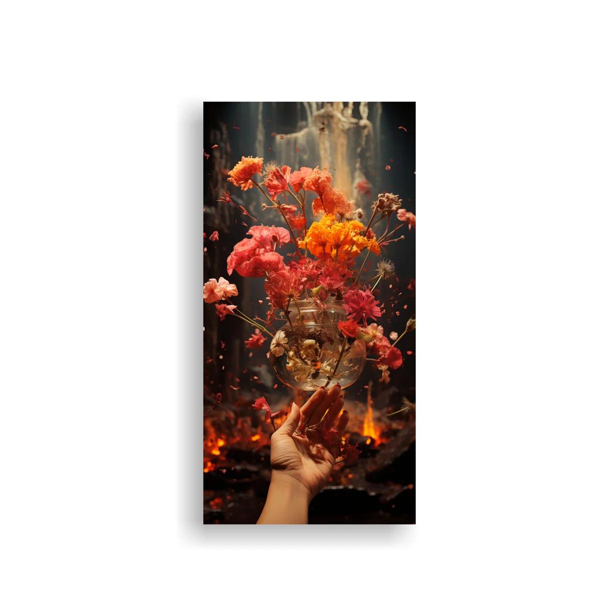 Cuadro ramo de flores naranjas y coral en jarrón de vidrio
