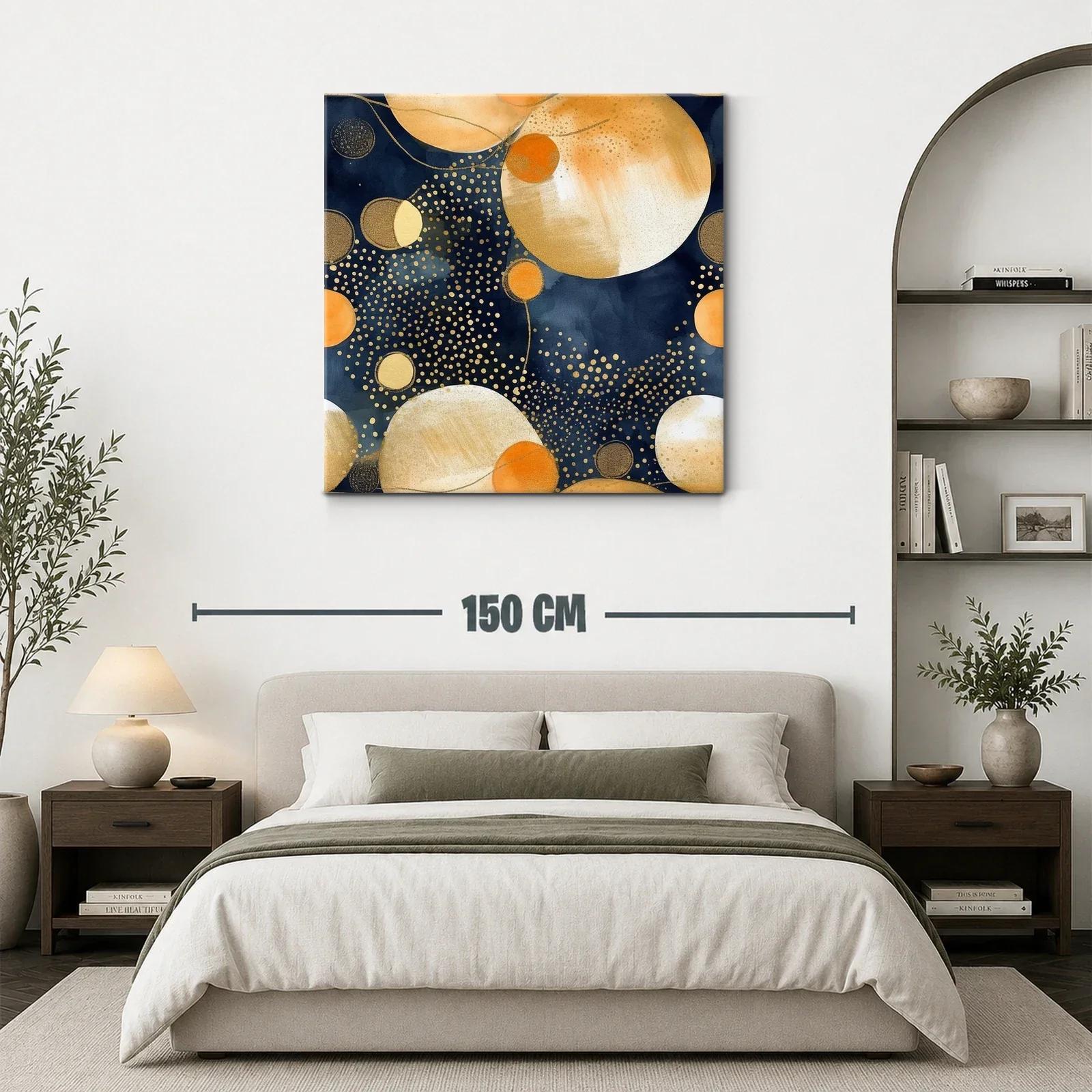 Cuadro abstracto con esferas doradas y azul profundo — miniatura 3