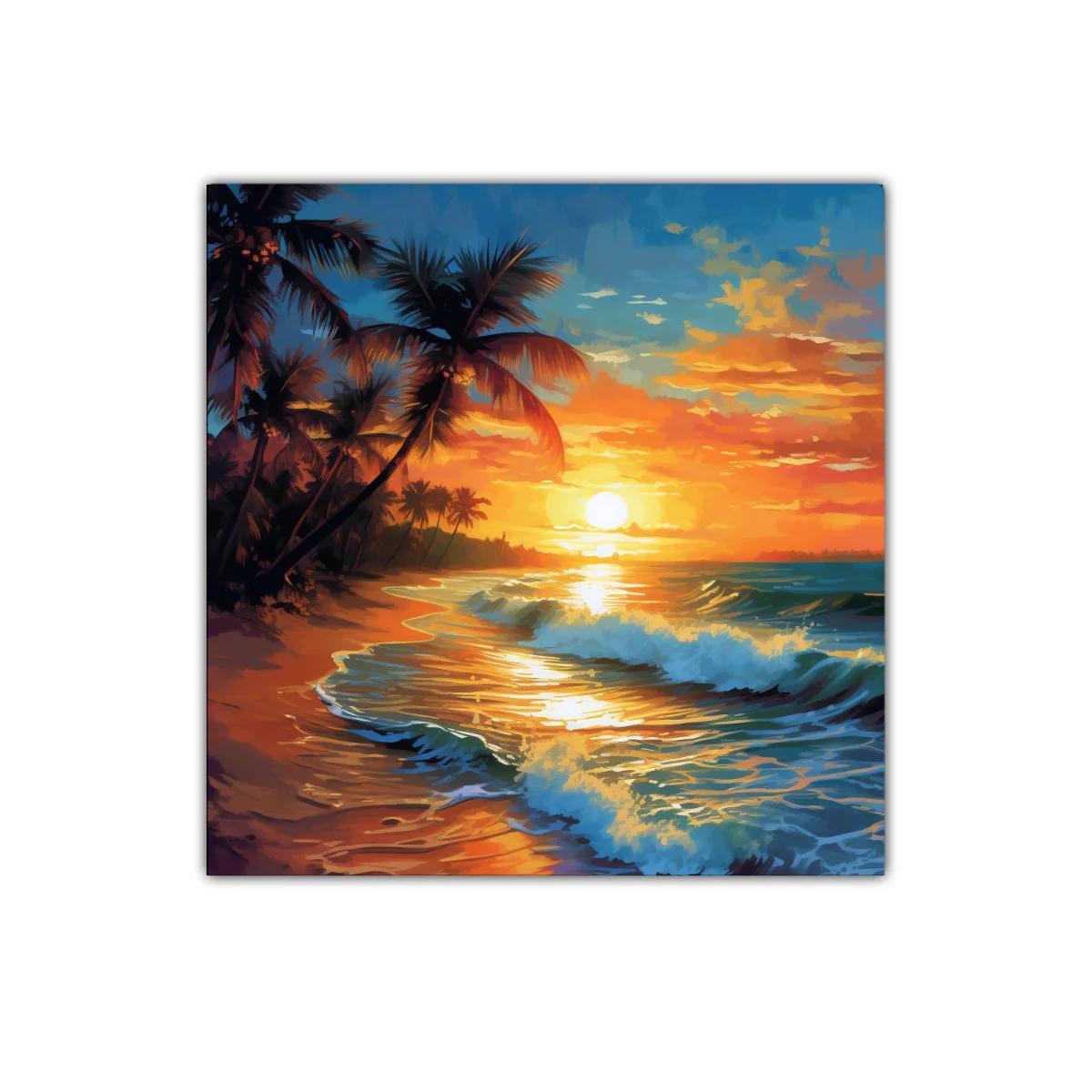 Atardecer tropical con palmeras y olas en la playa — miniatura 1