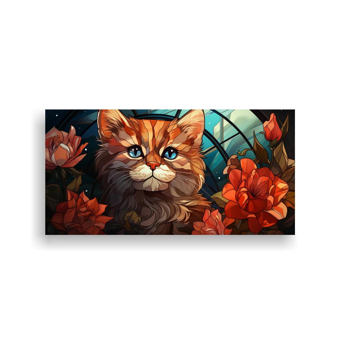 Cuadro gato naranja de ojos azules entre flores y ventana redonda