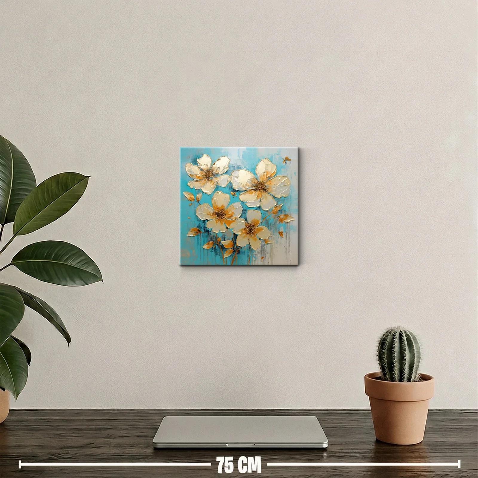 Cuadro floral con tonos dorados y fondo turquesa brillante — miniatura 2