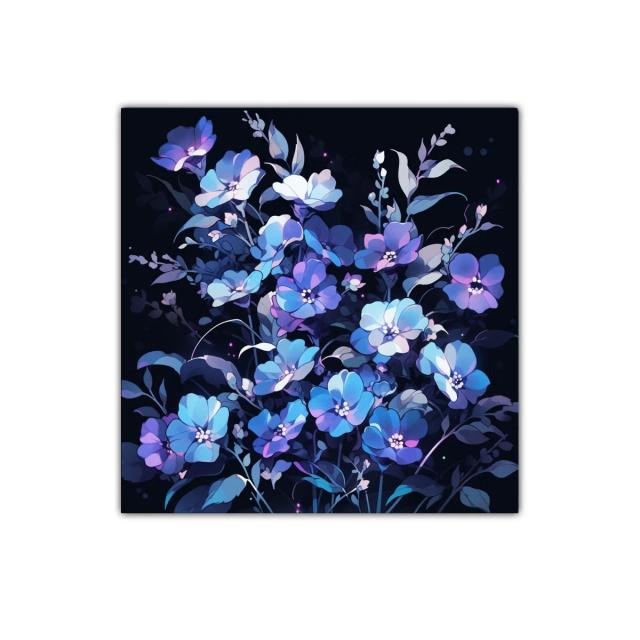 Ramo de flores en tonos azulados y lilas sobre fondo oscuro