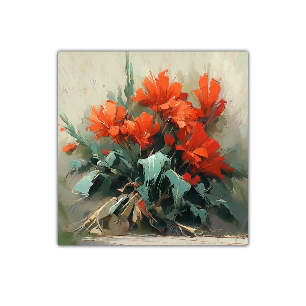 Cuadro decorativo con ramo de flores rojas y hojas verdes — imagen principal