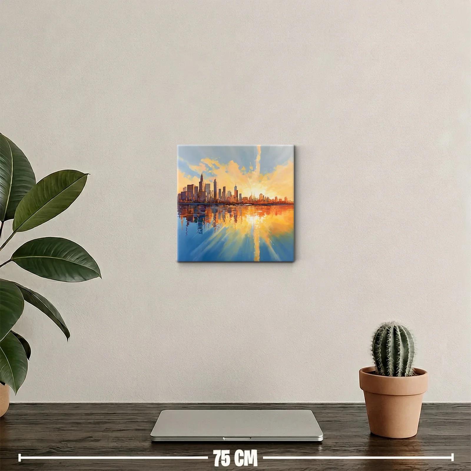 Atardecer vibrante sobre horizonte urbano reflejado en agua — miniatura 2
