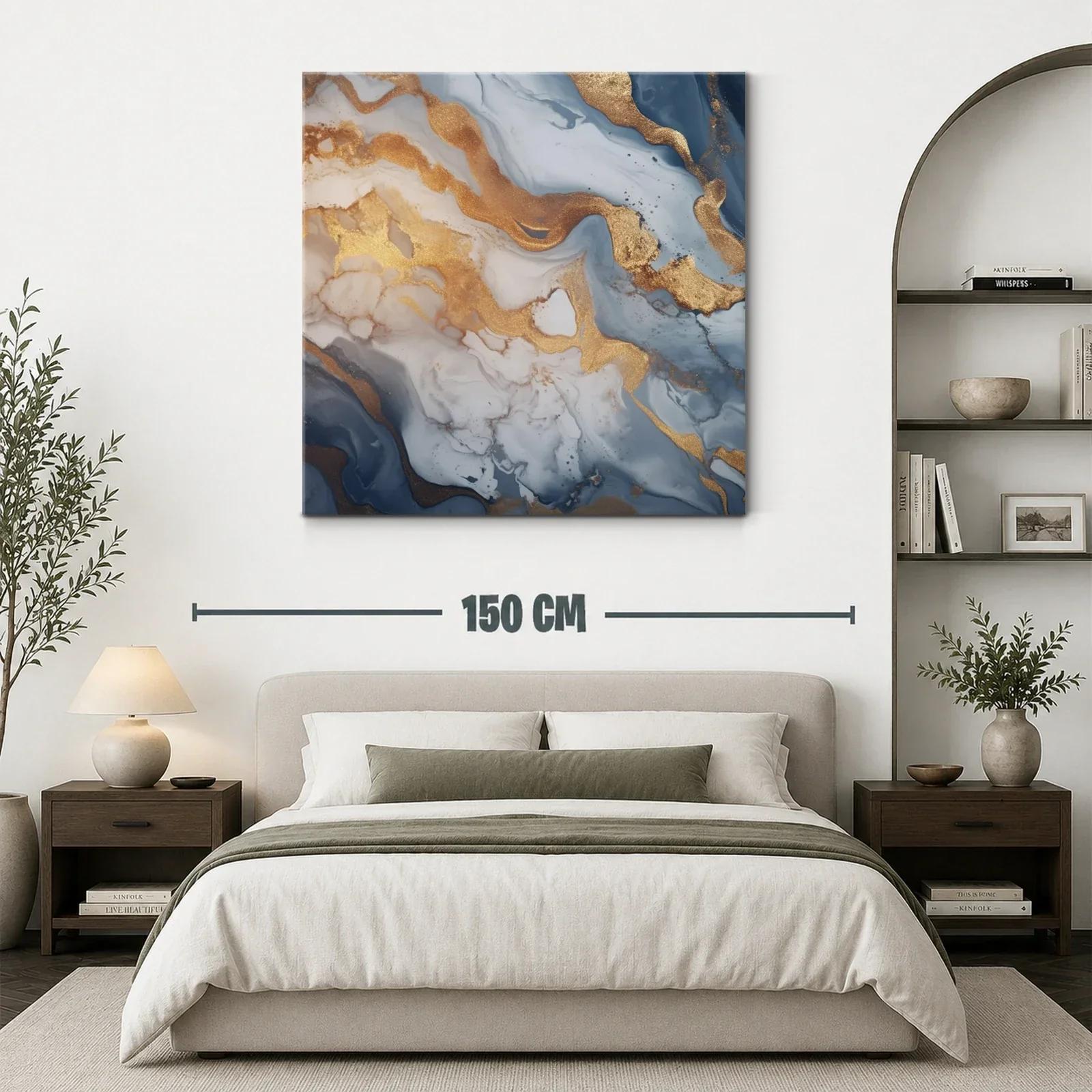 Cuadro abstracto con tonos dorados y azul grisáceo — miniatura 3