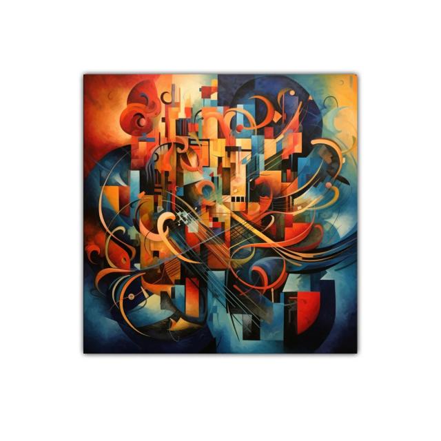 Cuadro abstracto con formas geométricas y tonos cálidos y fríos