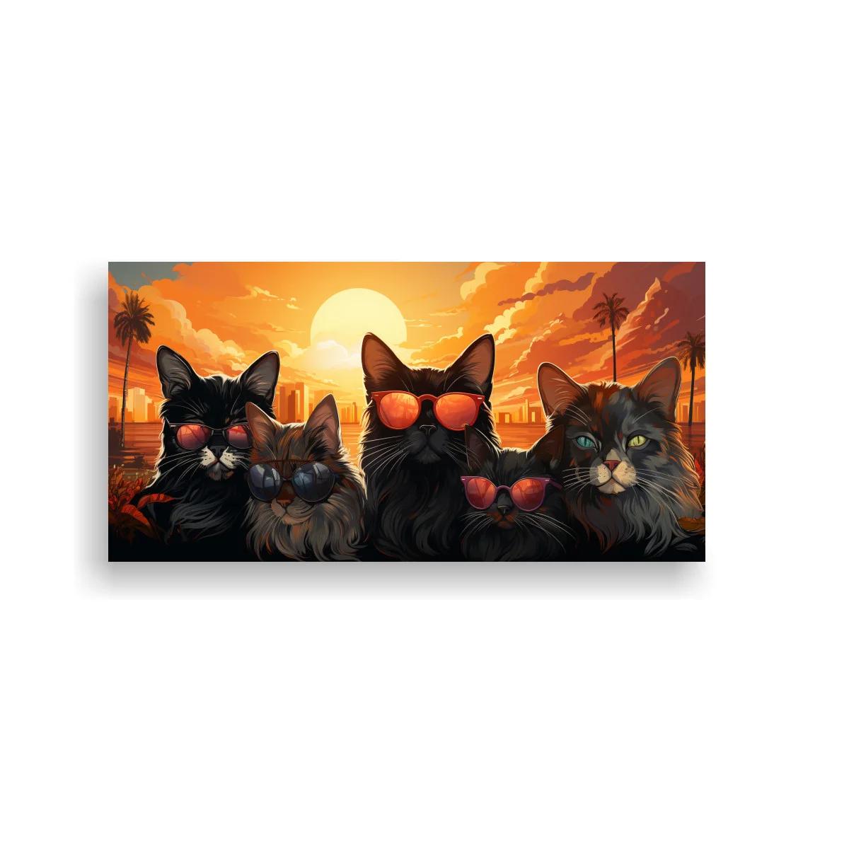 Cuadro cuatro gatos con gafas de sol y palmeras