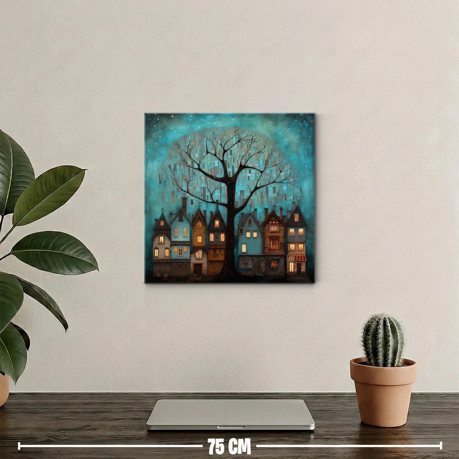 Encantador paisaje nocturno con casas y árbol iluminado — miniatura 2